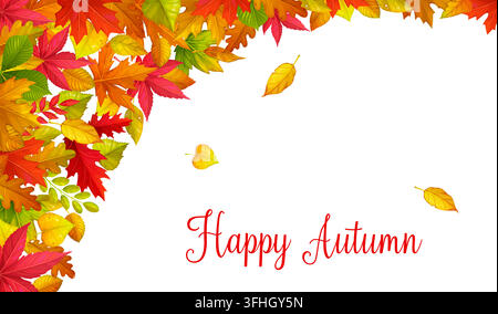 Hello Autumn happy time banner with layered red, orange, yellow, green and brown maple leaves. Oak leafy branches and scattered autumn leaves with Hel Stock Vector