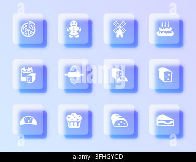 A collection of bakery themed imagery arranged in a glassmorphism Stock Vector