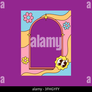 Retro groovy arched frame with wavy pastel background, cheerful daisies, sparkle stars and quirky sun character. Fun hippie psychedelic y2k cartoon bo Stock Vector
