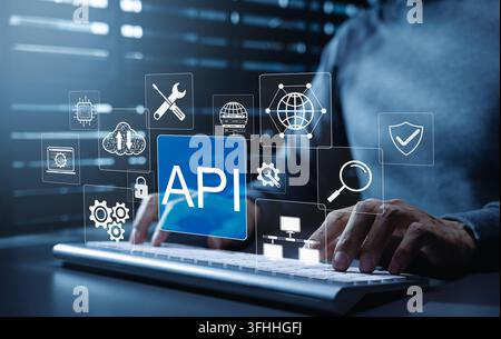 API Application Programming Interface software integration concept. Developer typing on keyboard with icons representing API development, security, cl Stock Photo
