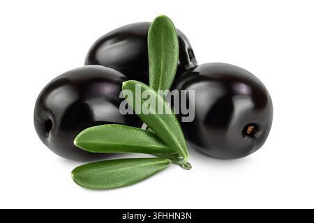 Black olives with leaves isolated on a white background with full depth of field Stock Photo