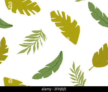 Tropical leaves, flat vector illustration. Seamless pattern of monstera, palm, fern and banana leaves in various shades of green and olive. For Stock Vector