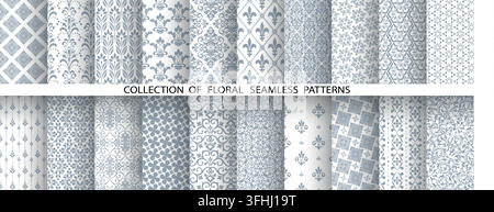 Geometric floral set of seamless patterns. White and gray vector backgrounds. Damask graphic ornaments Stock Vector