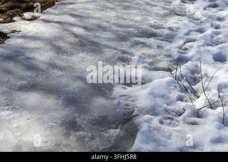 Icy snow thawing on the cold earth with dry vegetation nearby, reflecting the changing cycle of seasons and the gradual arrival of spring warmth in a Stock Photo