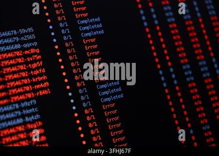 Technical dashboard showing a digital report of system operations with red error flags and blue success status markers to visualize complex data proce Stock Photo