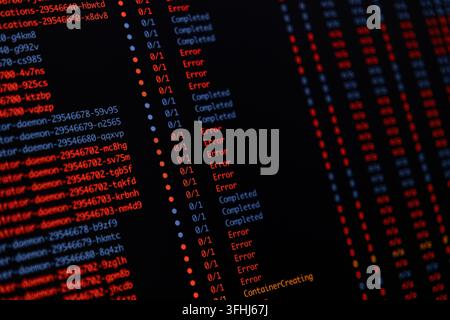 System monitoring console displaying a breakdown of cloud application deployment tasks, where red text signifies technical errors that highlight ongoi Stock Photo