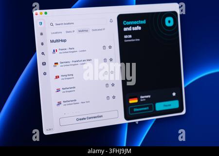 Poznan, Poland - February 23, 2026: The vpn software interface shows a secure internet connection status, providing users with encrypted browsing and Stock Photo