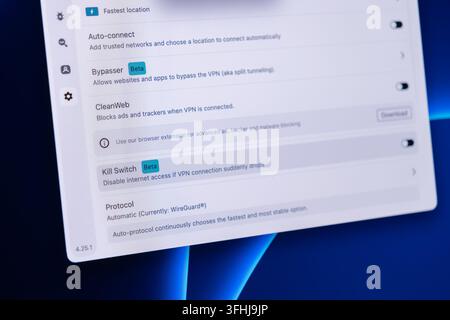 Poznan, Poland - February 23, 2026: An application configuration panel showing network safety features including kill switch and split tunneling for s Stock Photo