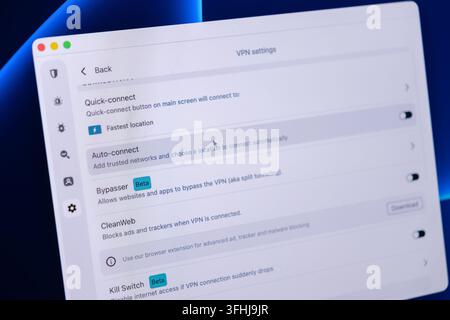 Poznan, Poland - February 23, 2026: Software configuration panel shows virtual private network options on a desktop display, highlighting cybersecurit Stock Photo
