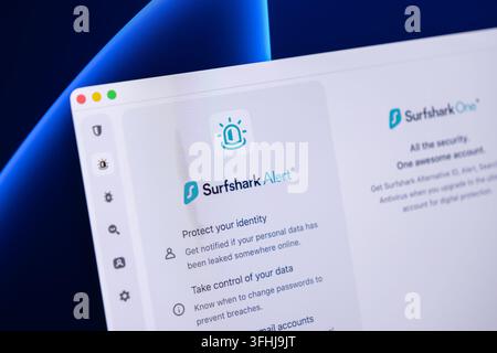 Poznan, Poland - February 23, 2026: Surfshark Alert dashboard showing data leak notifications to safeguard personal information in a modern cybersecur Stock Photo