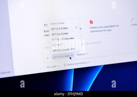 Poznan, Poland - February 24, 2026: The user chooses a specific Codex AI model from a dropdown menu to facilitate coding tasks, representing efficient Stock Photo