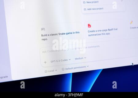 Poznan, Poland - February 23, 2026: Software developer screen displaying a Codex generative model query interface with automated coding prompts for cr Stock Photo