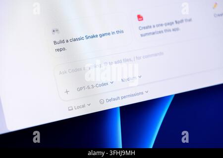 Poznan, Poland - February 24, 2026: Codex software interface displaying an AI prompt bar for programming assistance to streamline modern web developme Stock Photo