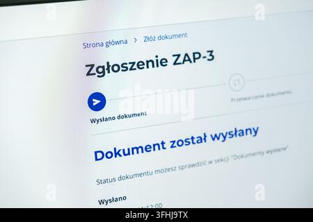 Poznan, Poland - February 15, 2026: Online application confirmation page on a screen interface displaying processed electronic paperwork for efficient Stock Photo
