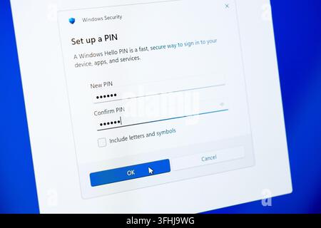 Poznan, Poland - February 15, 2026: A digital screen display showing the Microsoft Windows Security setup menu for configuring a secure login code for Stock Photo
