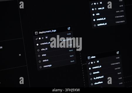 The detailed screen rendering depicts complex software engineering architecture through relational database diagrams, representing modern web applicat Stock Photo