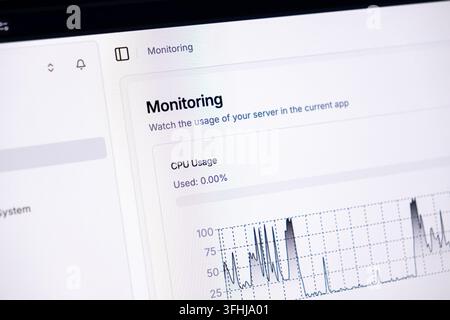 The software monitoring dashboard shows real-time server performance data through a graphical chart on a monitor, reflecting professional information Stock Photo