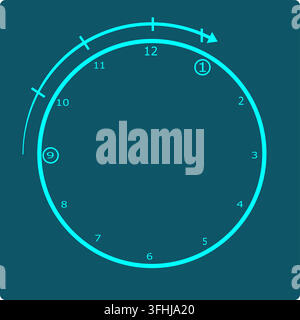 Modular arithmetic icon: clock face with 9 circled, a four-step arc, and an arrow pointing to 1, representing 9 + 4 mod 12. Stock Vector