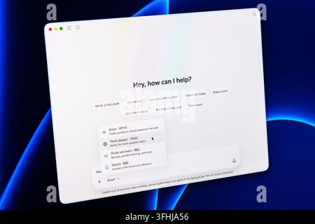 Poznan, Poland - February 9, 2026: Microsoft Copilot desktop application displays a prompt selection menu on a digital display, highlighting modern AI Stock Photo