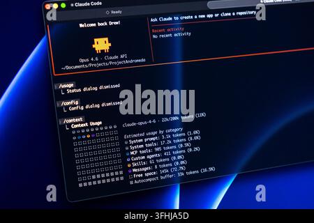 Poznan, Poland - February 9, 2026: Computer terminal screen showing a specialized coding tool with analytical data metrics for modern software develop Stock Photo