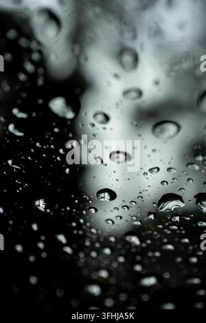 A cluster of large raindrops rests on a car window, several drops sharply reflecting an inverted pine forest against a blurred grey and green backdrop Stock Photo
