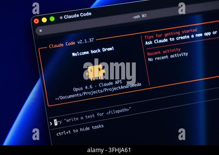 Poznan, Poland - February 9, 2026: A terminal window showing the Claude Code application, highlighting modern command-line tools for developers using Stock Photo