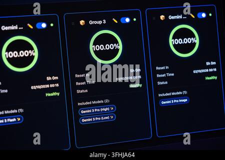 Poznan, Poland - February 9, 2026: System monitoring interface featuring active health percentage cards, representing optimal performance and status t Stock Photo