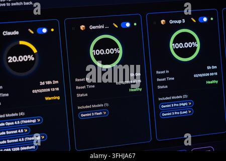 Poznan, Poland - February 9, 2026: Digital interface displaying performance metrics and model availability status for advanced machine learning softwa Stock Photo