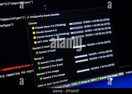 Poznan, Poland - February 9, 2026: The digital dashboard tracks usage limits for several language models on a high contrast display, highlighting effi Stock Photo