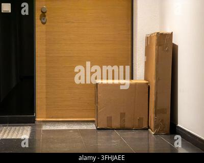 Two shipping boxes sit on a tiled floor by a wooden entrance door, illustrating reliable courier services, secure parcel drop-off, and the ease of rec Stock Photo