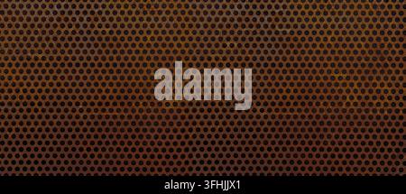 Rusted metal sheet showing a textured surface with uniform circular holes Stock Photo