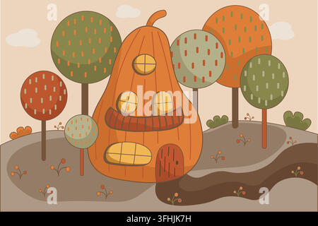 A whimsical pumpkin house set in an autumn landscape featuring colorful trees, hills, and plants. Stock Vector