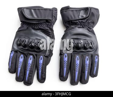A pair of black motorcycle gloves with blue details on white background Stock Photo