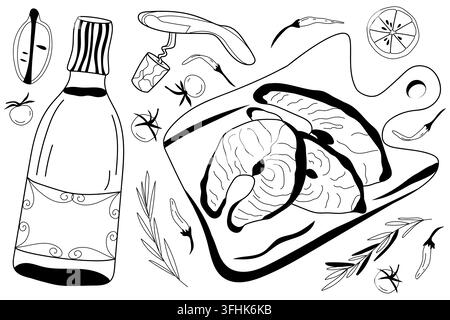 Fish and wine dinner composition Stock Vector