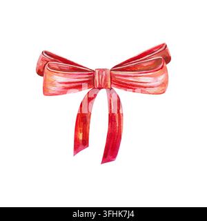 Hand-drawn watercolor red ribbon bow isolated on white background. Ideal for Christmas gift wrapping tags, festive holiday cards, party invitations, a Stock Photo