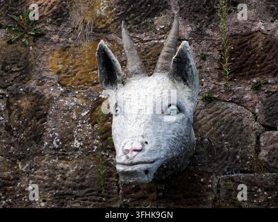 A painted plaster goat head sculpture with blue eyes and horns mounted on a weathered stone wall on the Brothers Grimm fairy tale trail in Marburg, Ge Stock Photo