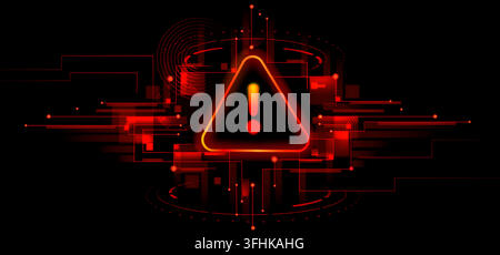 Cyber attack red background. Danger fraud scam concept with warning sign and digital security alert. Hacker threat detection symbol in centr on black background. Vector illustration Stock Vector