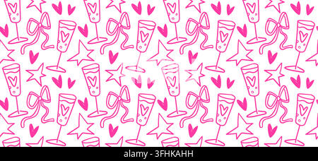 Pink doodle pattern with cocktail glasses, ribbon bows, hearts, and stars on white background. Seamless vector illustration of sketch drinks for wedding party banner or romantic date invitation Stock Vector