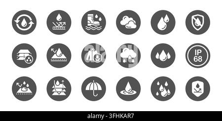 Set of round icons with water-resistant pictograms. Vector illustration of moisture shield symbol with cloud and rain drops for fabric, rain gear, and weather-resistant surfaces, protection level sign Stock Vector