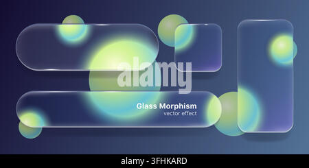 Glassmorphism ui elements, transparent glass interface elements with translucent rounded panels. Glowing gradient spheres and blur effects on a dark background. Futuristic vector design template. Stock Vector