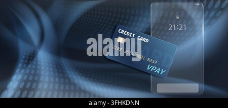 Mobile banking banner with credit card and transparent smartphone screen on abstract dark blue background. Vector realistic illustration of online payment app, interface with glass morphism design Stock Vector
