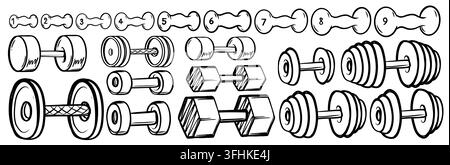 Dumbbells and adjustable weights. Hand drawn gym set, Fitness equipment illustration for workout and strength training. Different sizes and load levels, isolated on white. Vector sketch collection. Stock Vector