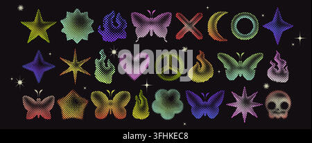 Neon set of halftone 3d shapes isolated on black background. Vector illustration of color pixel heart, star, skull, flower, butterfly icons with dot texture, y2k aesthetic signs for grunge designs Stock Vector