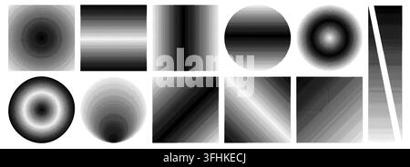 Vector halftone patterns set. Black dot gradients in square, circular and triangle shapes. Noise geometric shadows with grunge texture, fades and grainy transitions isolated on white background Stock Vector