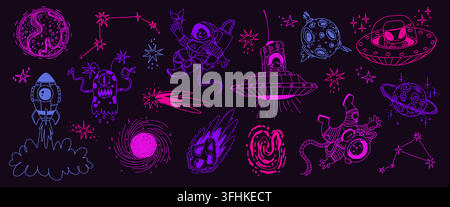 Hand drawn colorful neon space doodle set with astronaut, rocket, and UFOs. Sketches of planets, meteors, stars and cosmic objects isolated on black background for creative projects and designs Stock Vector
