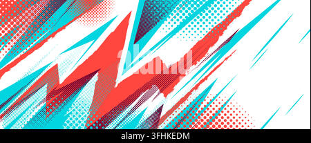 Blue and red sport poster with dynamic geometric pattern and abstract shapes. Energetic athletic background with thunderbolt elements and halftone texture. Vector grunge design for competition banners Stock Vector