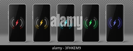 Smartphone battery status set with charge indicators. Mobile phone screens display with power levels, circle loading bars and complete energy symbols for device interface. Isolated realistic design Stock Vector