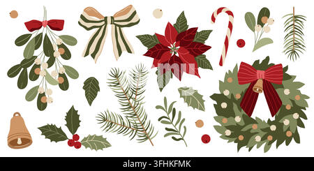 Hand-drawn Christmas evergreen plants and flowers, holly berry, mistletoe, red poinsettia, pine tree branch and candy cane and bow Stock Vector