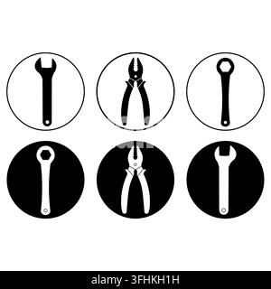 A professional set of essential mechanical, safety, and construction tools icons. Features clean line art and solid black glyph silhouettes inside cir Stock Vector