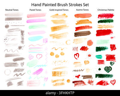 Hand painted watercolor brush strokes in neutral, pastel, autumn and Christmas colors Stock Vector